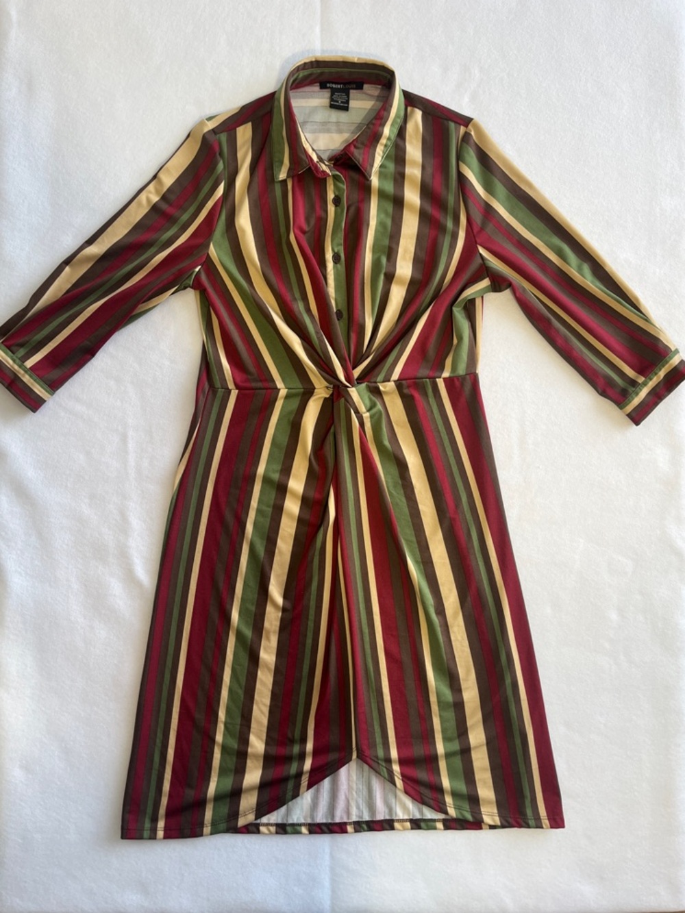 Robert Louis Striped Knot-Front Midi Dress in Burgundy, Olive & Cream